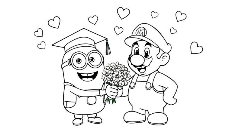 Minion en Mario kleurplaat met harten voor een bedankje.