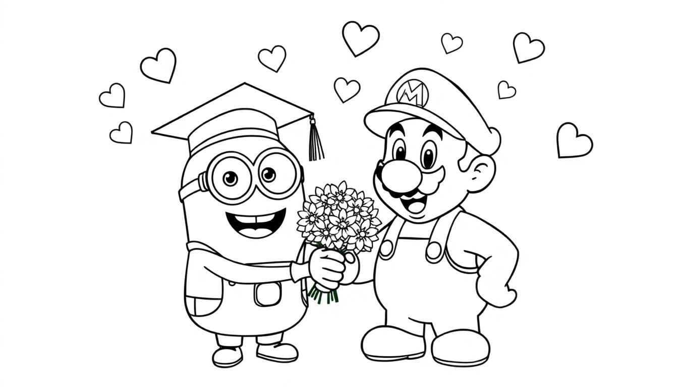 Minion en Mario kleurplaat met harten voor een bedankje.