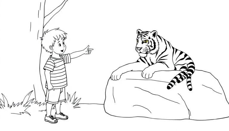 Kleurplaat van een jongen die een tijger in Burgers' Zoo aanwijst.