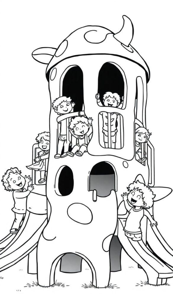 Kleurplaat van speeltuin 'De Drentse Koe' met spelende kinderen.