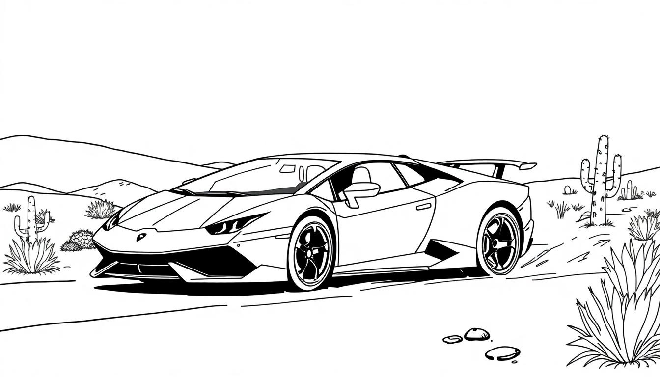 Lamborghini kleurplaat in de woestijn