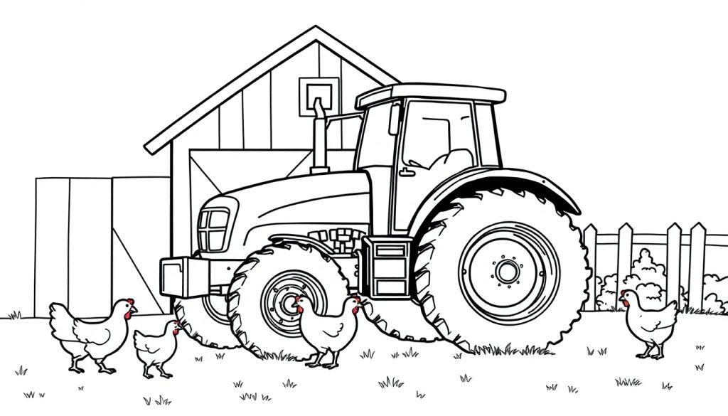 Tractor kleurplaat op de boerderij met kippen.