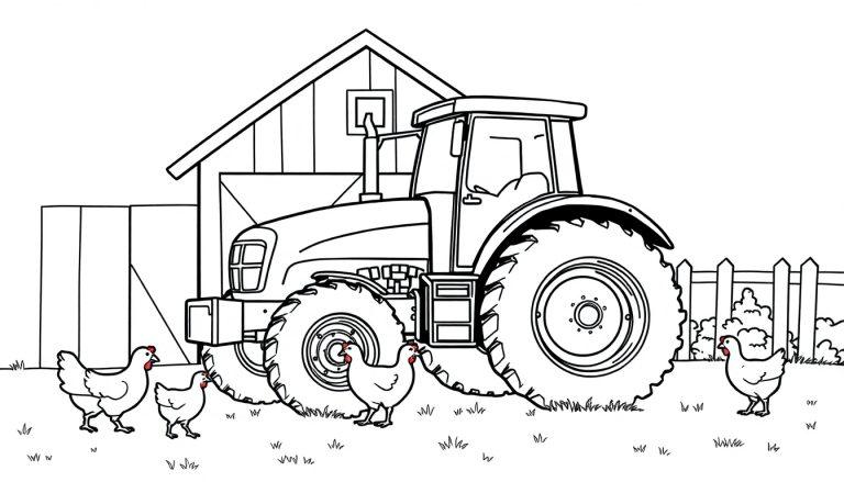 Tractor kleurplaat op de boerderij met kippen.