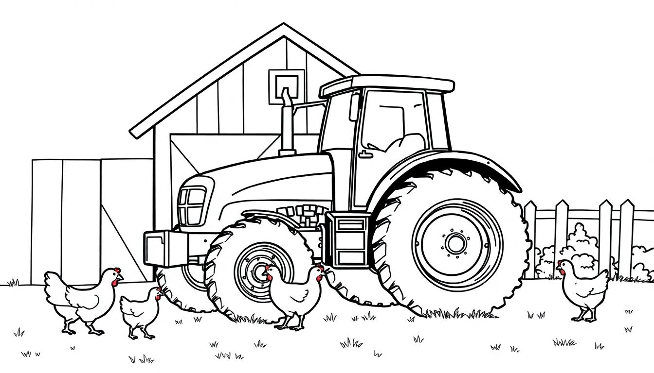 Tractor kleurplaat op de boerderij met kippen.
