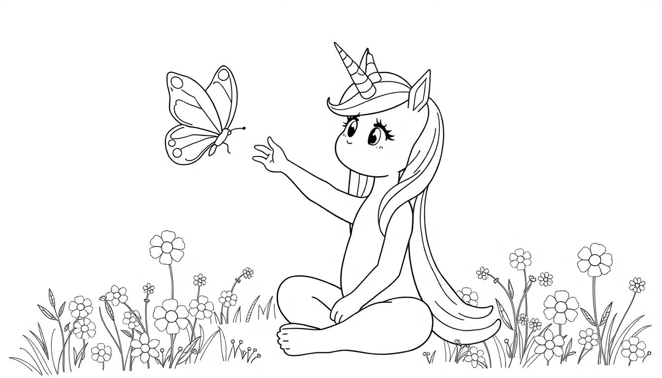 Eenhoorn meisje kleurplaat met vlinder.