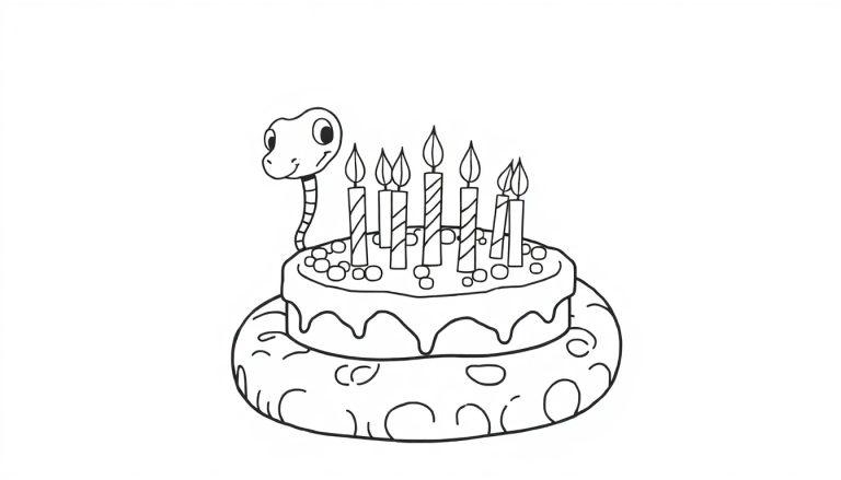 Kleurplaat van een slang en een verjaardagstaart