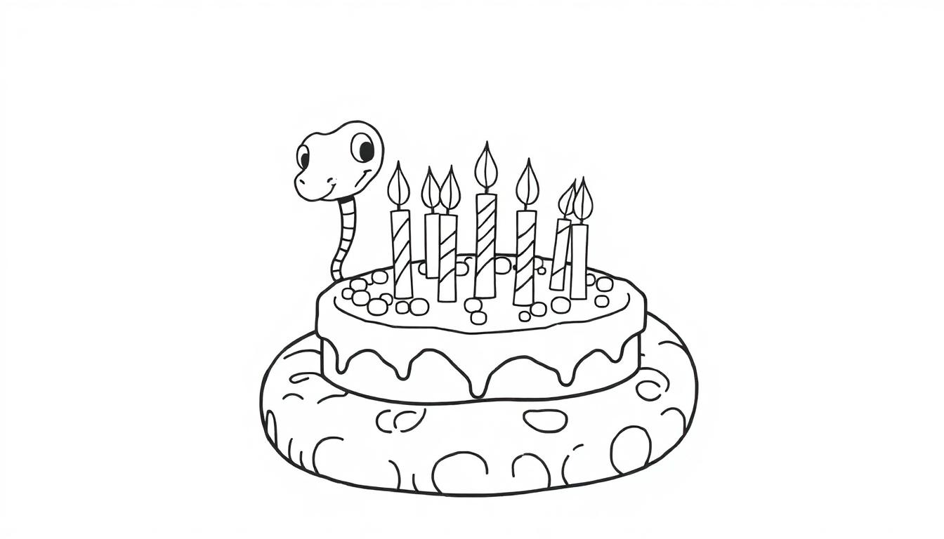 Kleurplaat van een slang en een verjaardagstaart