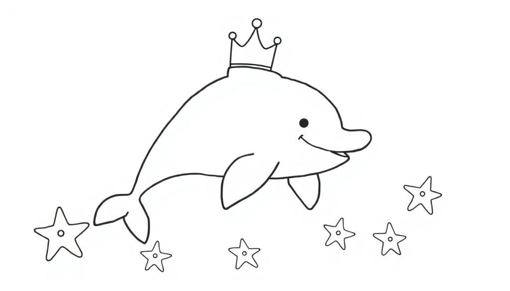 Vrolijke dolfijn kleurplaat met kroon en zeesterren.
