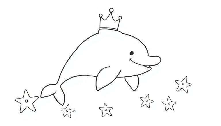 Vrolijke dolfijn kleurplaat met kroon en zeesterren.
