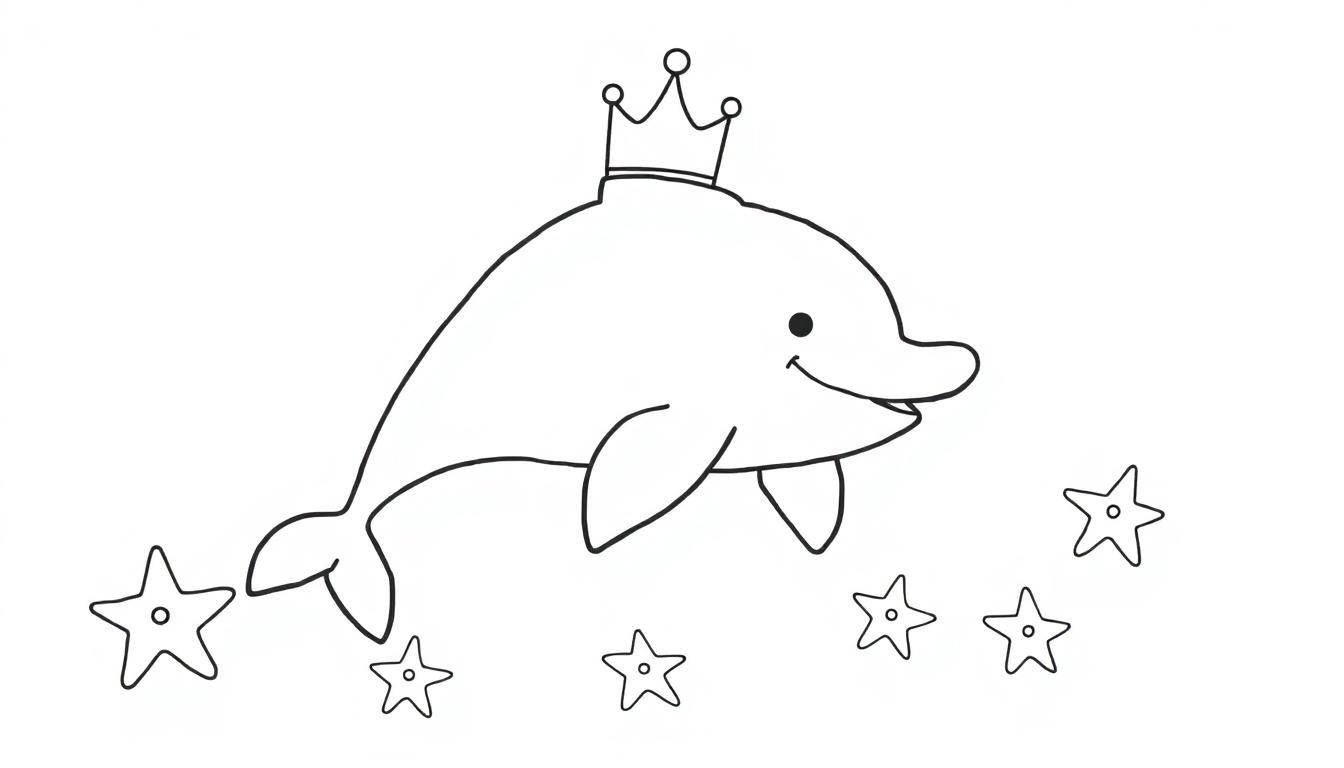 Vrolijke dolfijn kleurplaat met kroon en zeesterren.