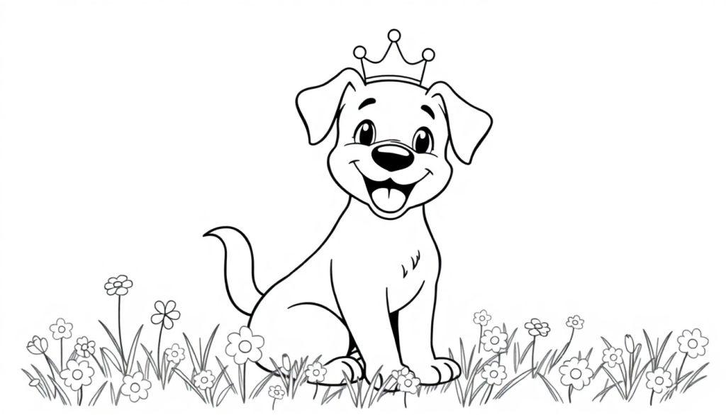 Vrolijke hond met kroon, een leuke kleurplaat!
