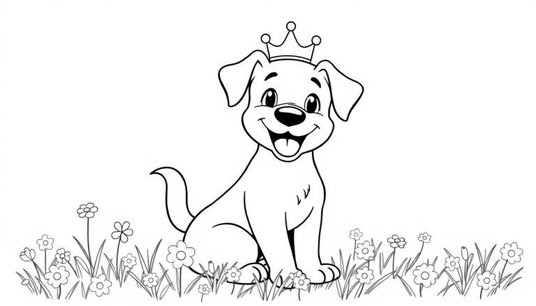 Vrolijke hond met kroon, een leuke kleurplaat!