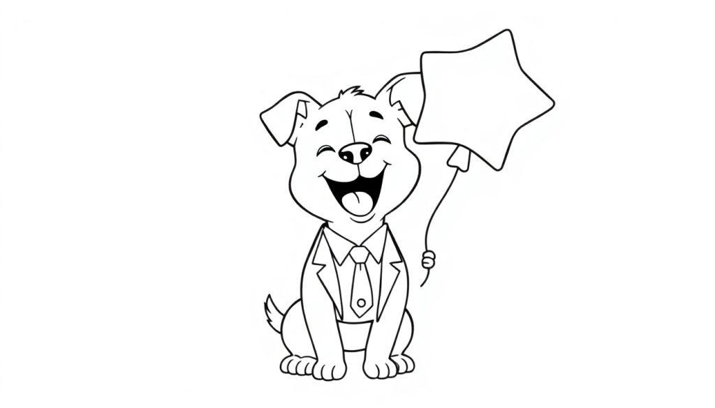 Vrolijke hond in pak, kleurplaat.