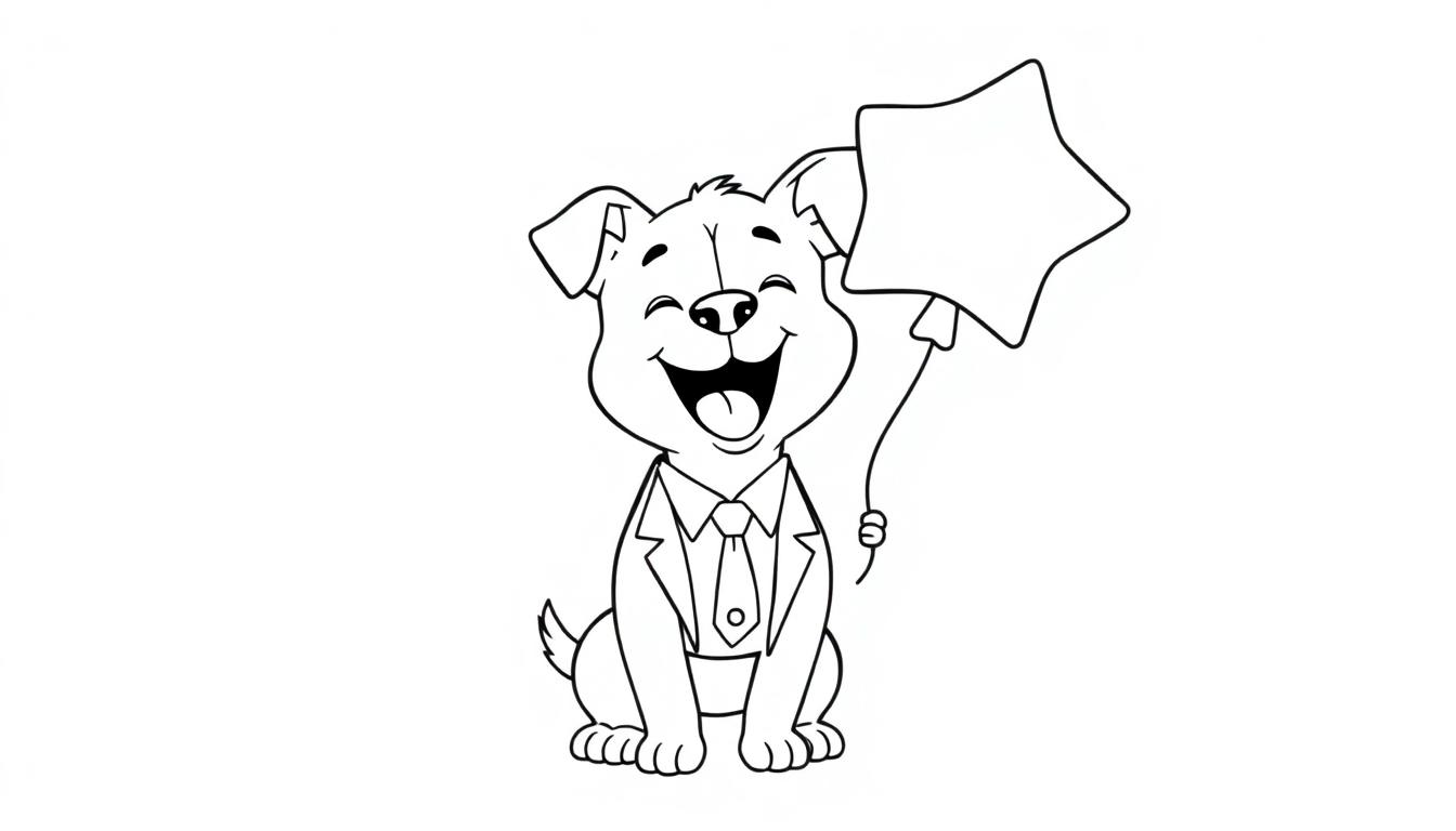 Vrolijke hond in pak, kleurplaat.