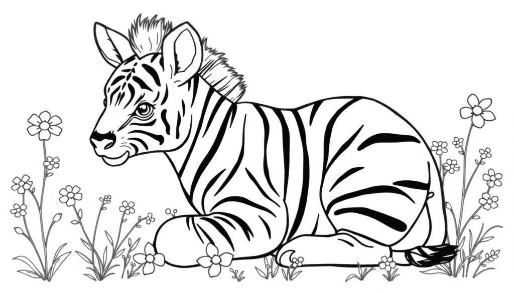 Zebra veulen kleurplaat met bloemen.