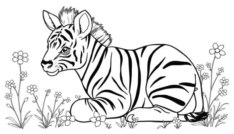 Zebra veulen kleurplaat met bloemen.