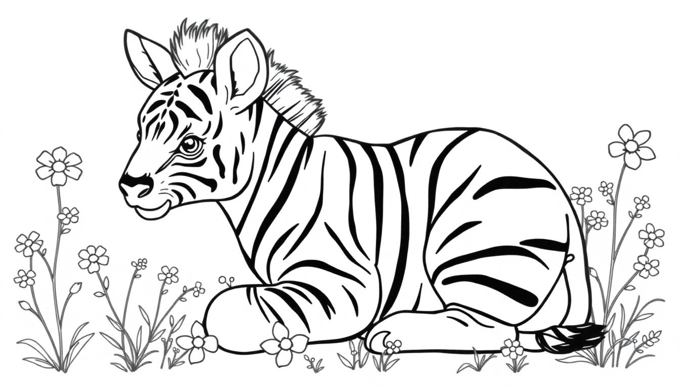 Zebra veulen kleurplaat met bloemen.