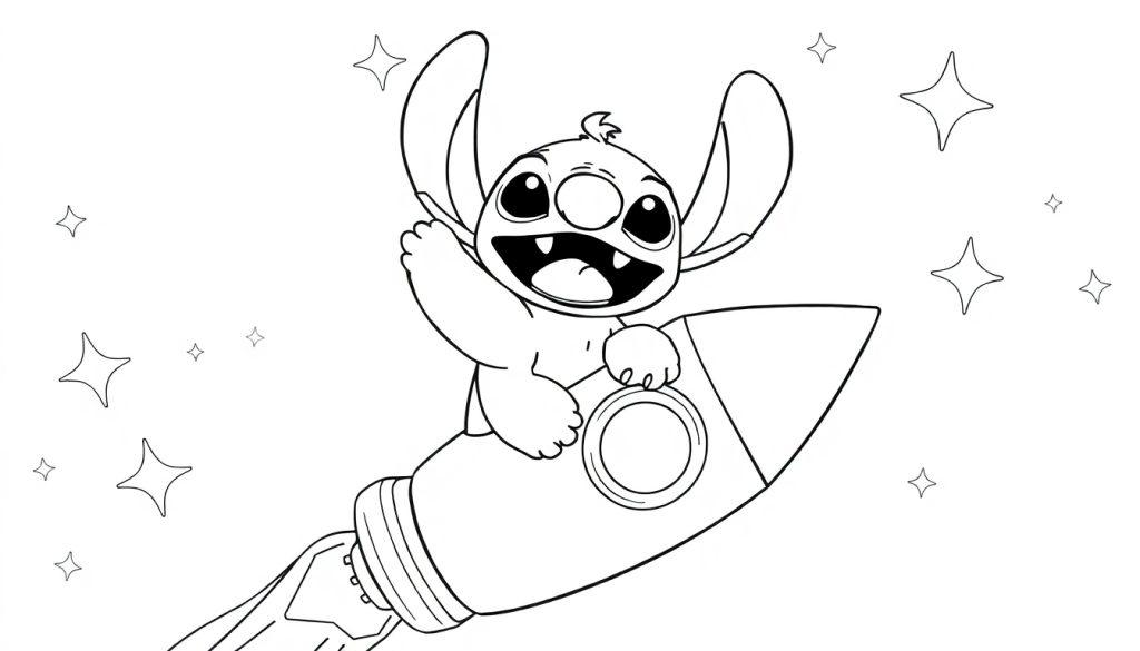 Stitch Kleurplaat op een raket