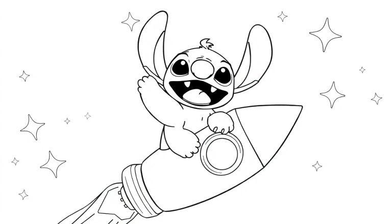 Stitch Kleurplaat op een raket