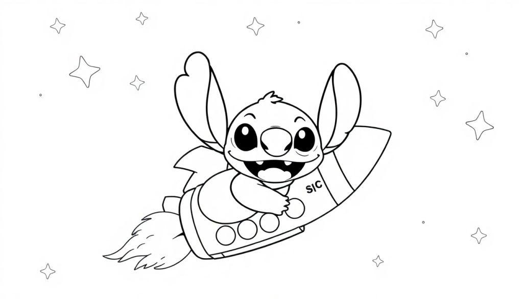 Stitch kleurplaat op een raket in de ruimte!