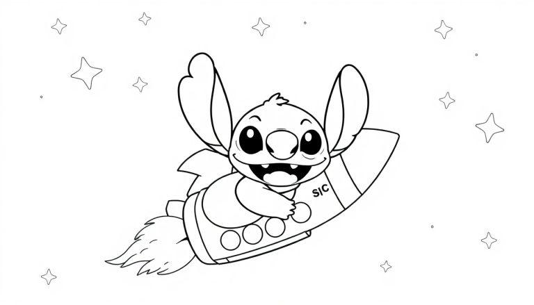 Stitch kleurplaat op een raket in de ruimte!