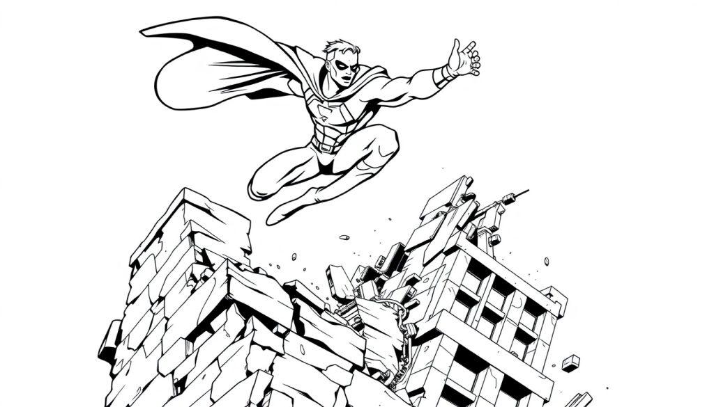 Superheld kleurplaat vliegt over ruïnes.