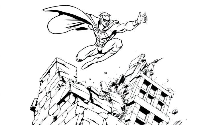 Superheld kleurplaat vliegt over ruïnes.