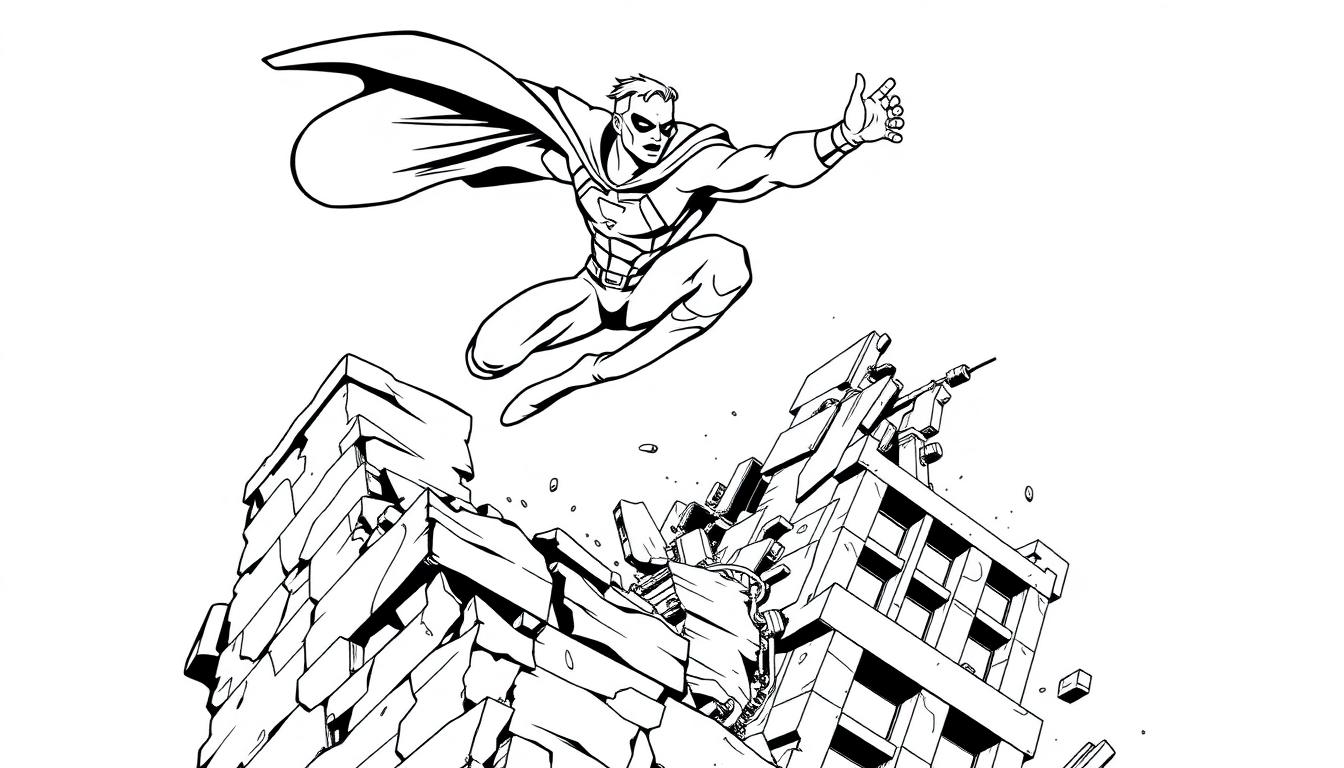 Superheld kleurplaat vliegt over ruïnes.