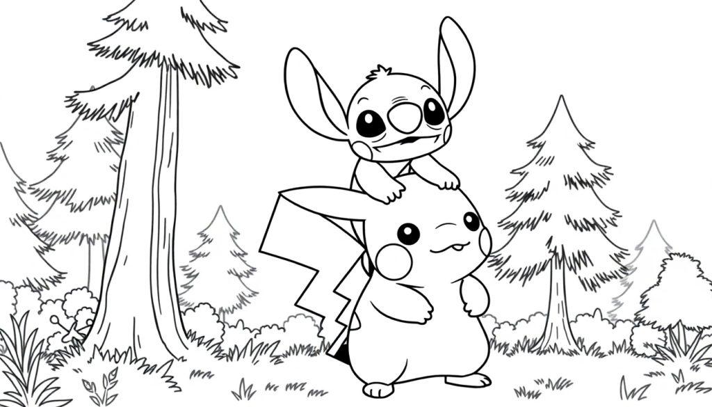 Stitch zit op Pikachu's rug, een leuke kleurplaat!