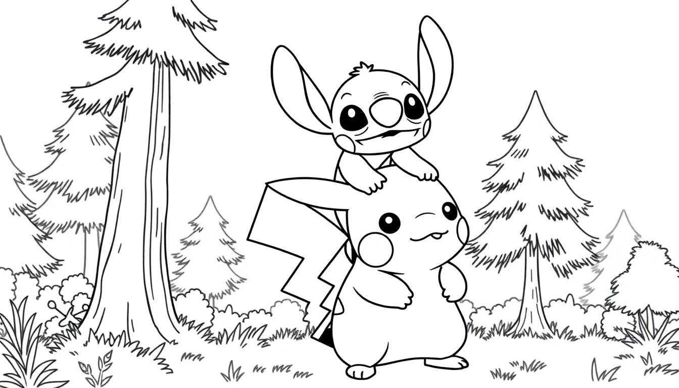 Stitch zit op Pikachu's rug, een leuke kleurplaat!