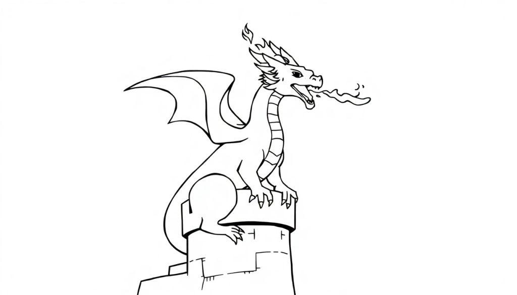 Kleurplaat van een vuurspuwende draak op een kasteeltoren.