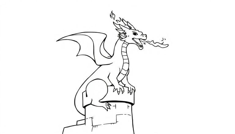 Kleurplaat van een vuurspuwende draak op een kasteeltoren.