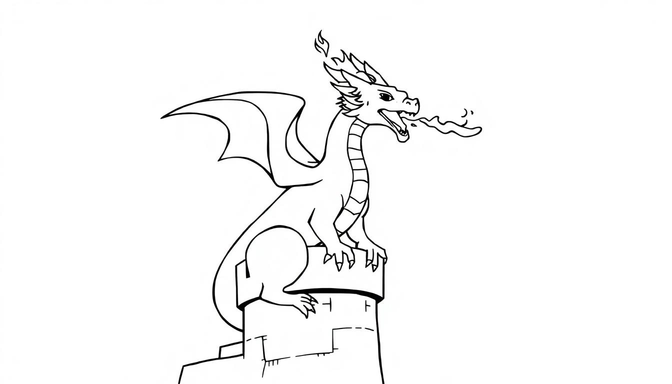 Kleurplaat van een vuurspuwende draak op een kasteeltoren.