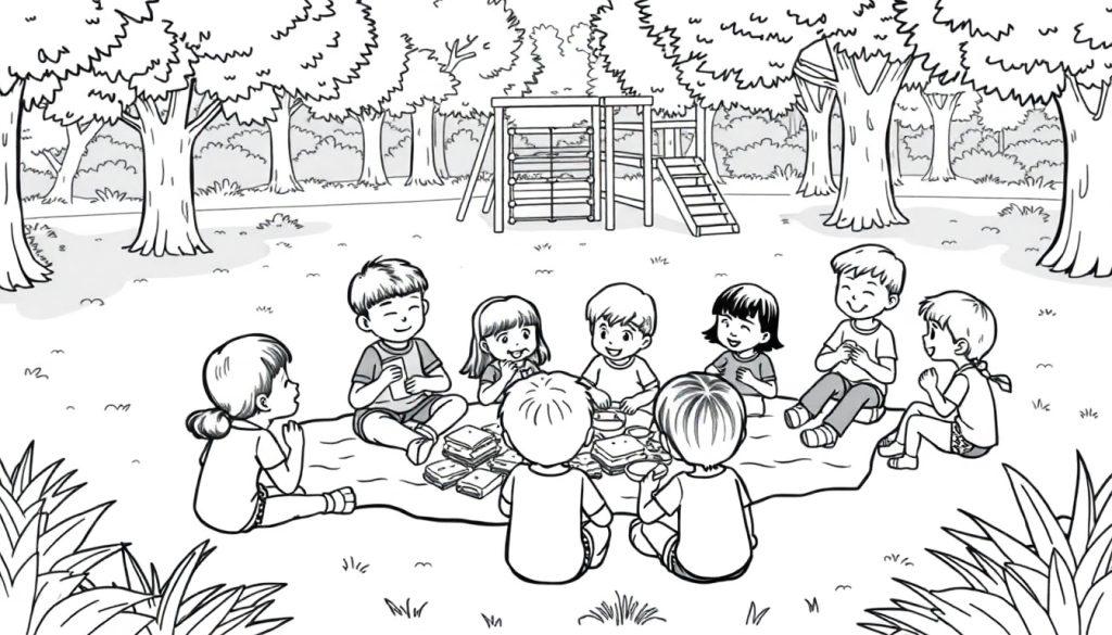 Kleurplaat van vrolijke kinderen die picknicken in het park.