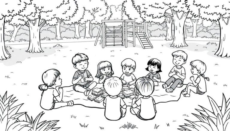 Kleurplaat van vrolijke kinderen die picknicken in het park.