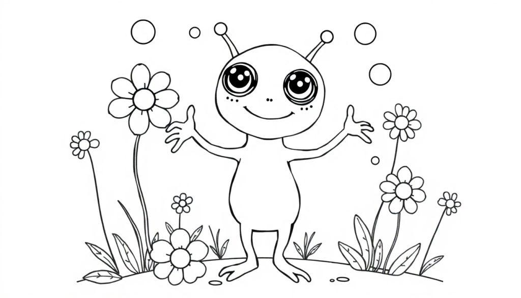 Vrolijke alien kleurplaat met 3 ogen in bloemenveld