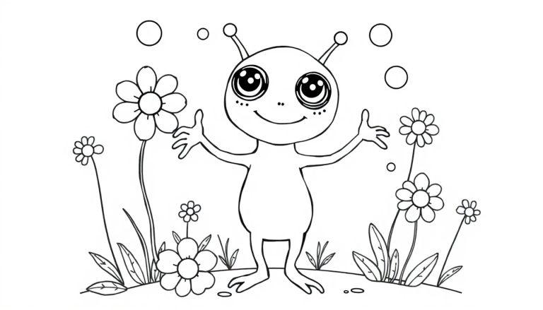 Vrolijke alien kleurplaat met 3 ogen in bloemenveld