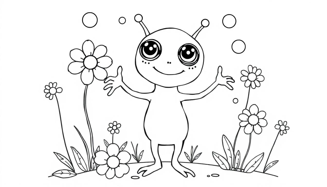 Vrolijke alien kleurplaat met 3 ogen in bloemenveld