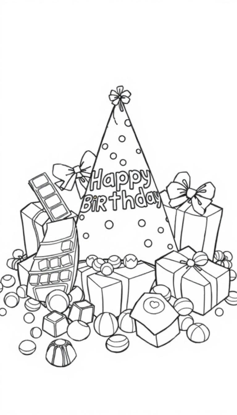 Kleurplaat van een vrolijk kinderfeestje met veel chocolade en snoepjes.