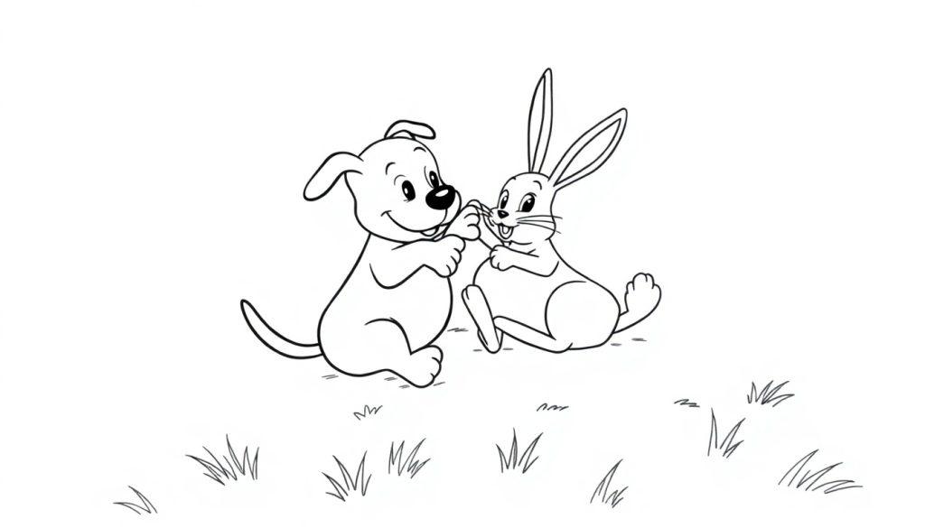 Kleurplaat van een hond en konijn die ruzie maken.