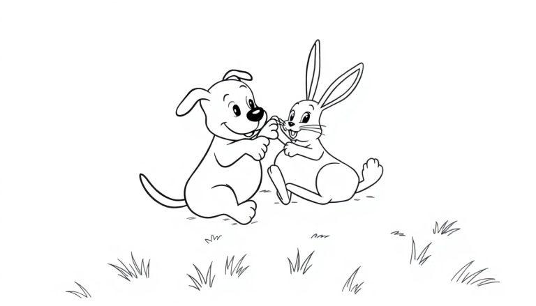 Kleurplaat van een hond en konijn die ruzie maken.