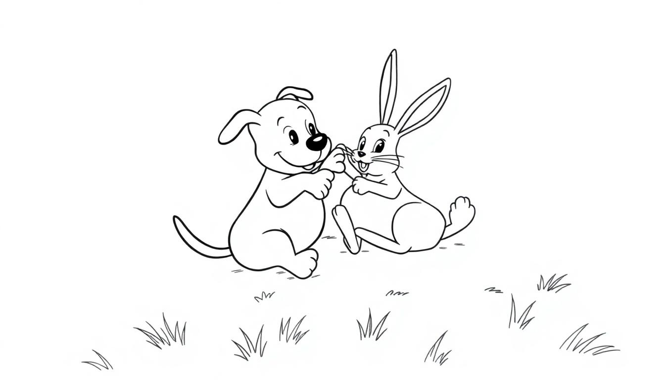 Kleurplaat van een hond en konijn die ruzie maken.