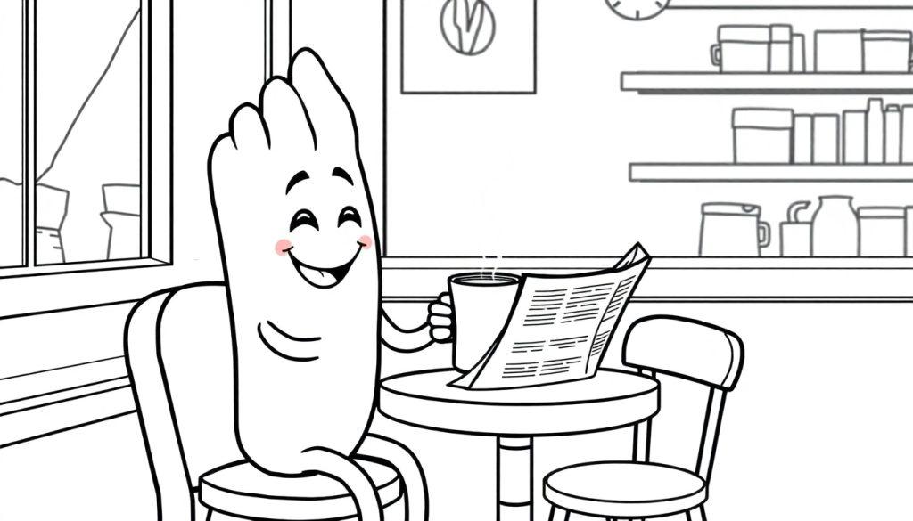 Kleurplaat van een patatje dat koffie drinkt in een café.