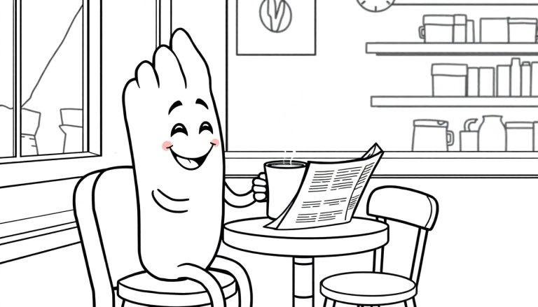 Kleurplaat van een patatje dat koffie drinkt in een café.