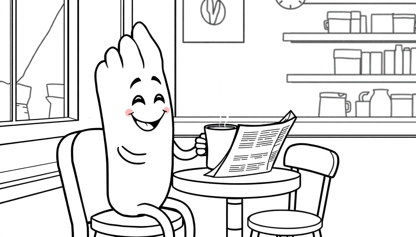 Kleurplaat van een patatje dat koffie drinkt in een café.