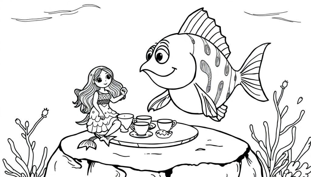 Kleurplaat van een zeemeermin en een vis die thee drinken onder water.