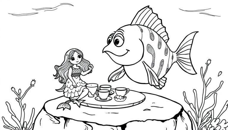 Kleurplaat van een zeemeermin en een vis die thee drinken onder water.
