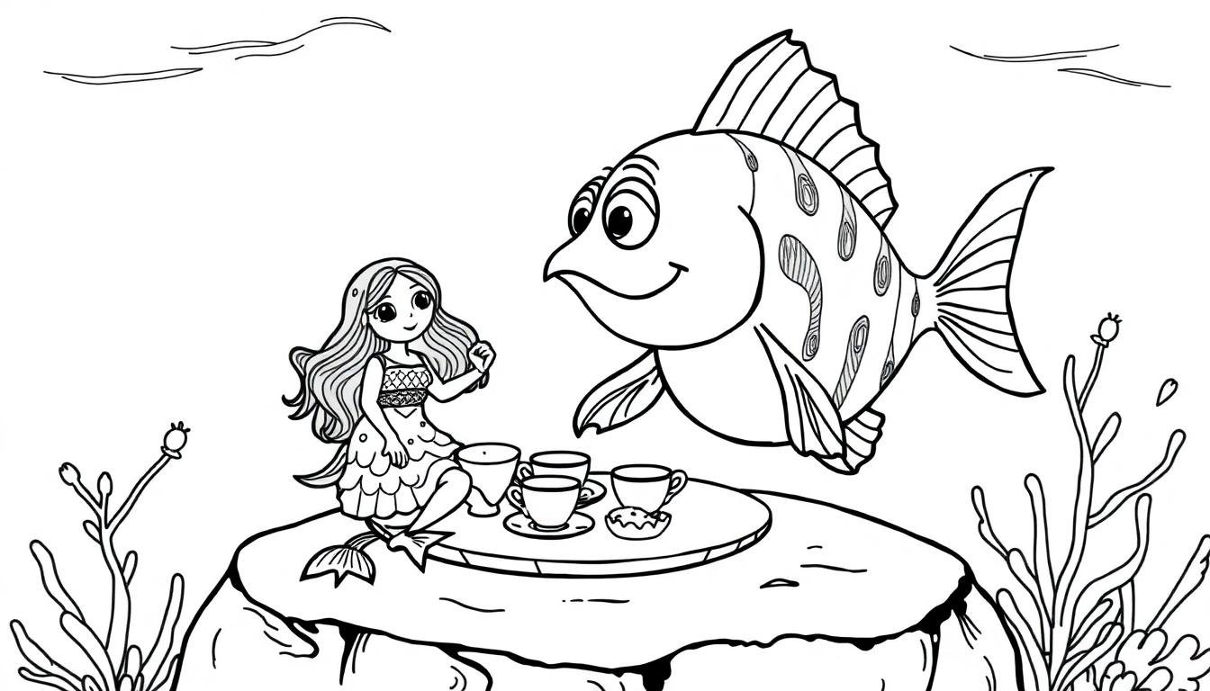 Kleurplaat van een zeemeermin en een vis die thee drinken onder water.