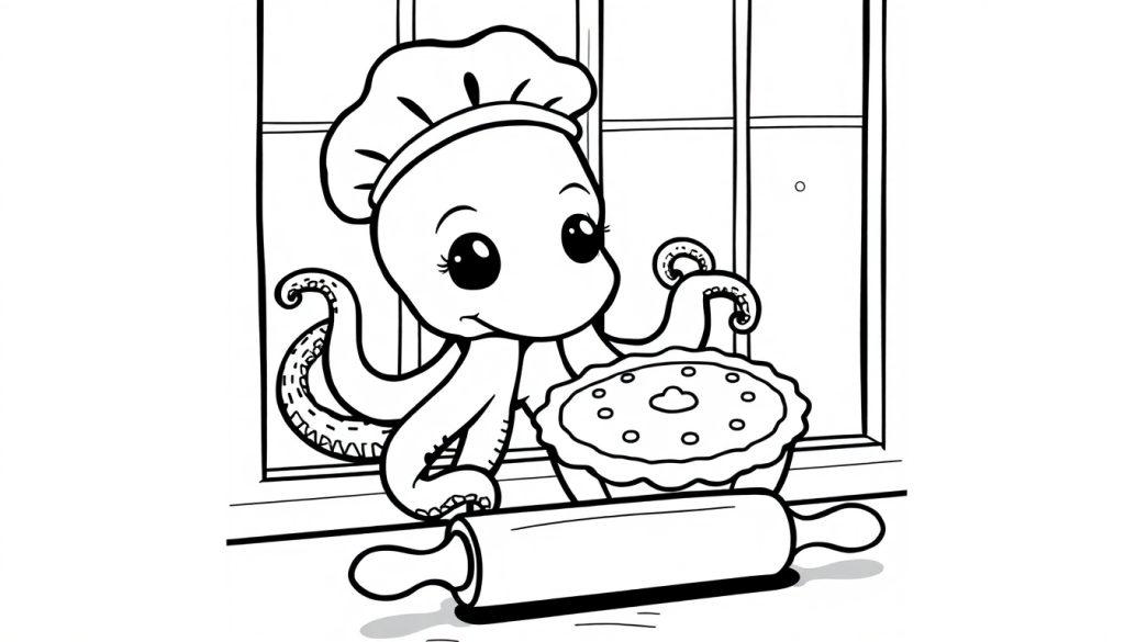 Kleurplaat van een kokende octopus met een taart en deegroller.