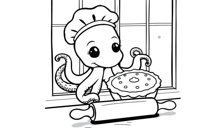 Kleurplaat van een kokende octopus met een taart en deegroller.